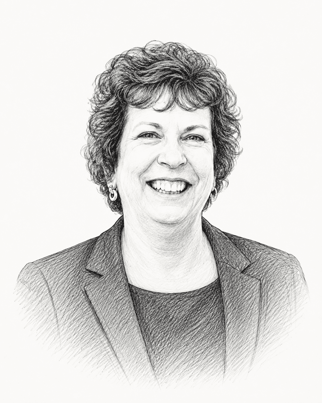 Pencil portrait of Kathy Foch, smiling, in a blazer