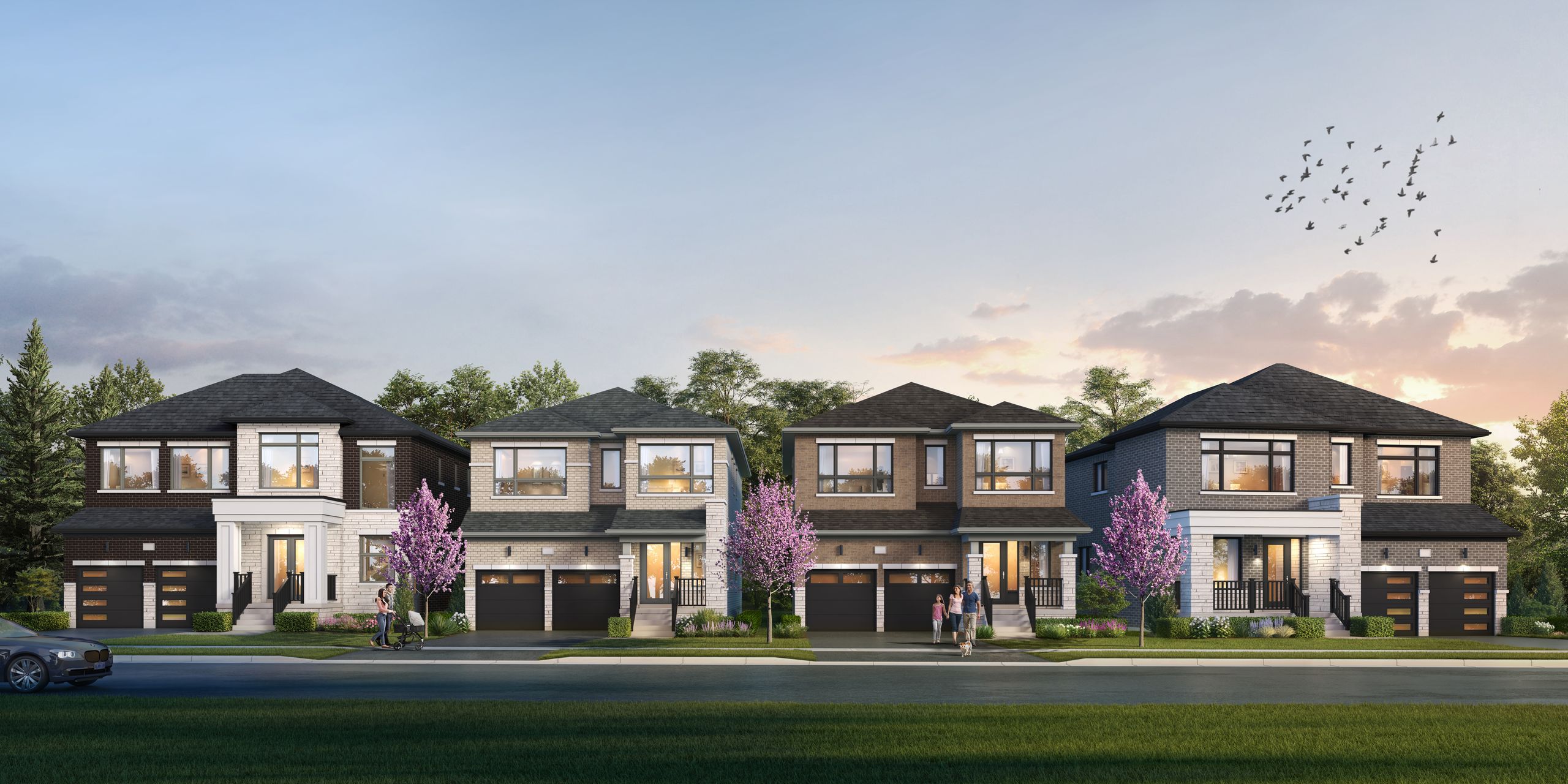 The Richmond Park Collection streetscape at dusk — four custom homes side by side